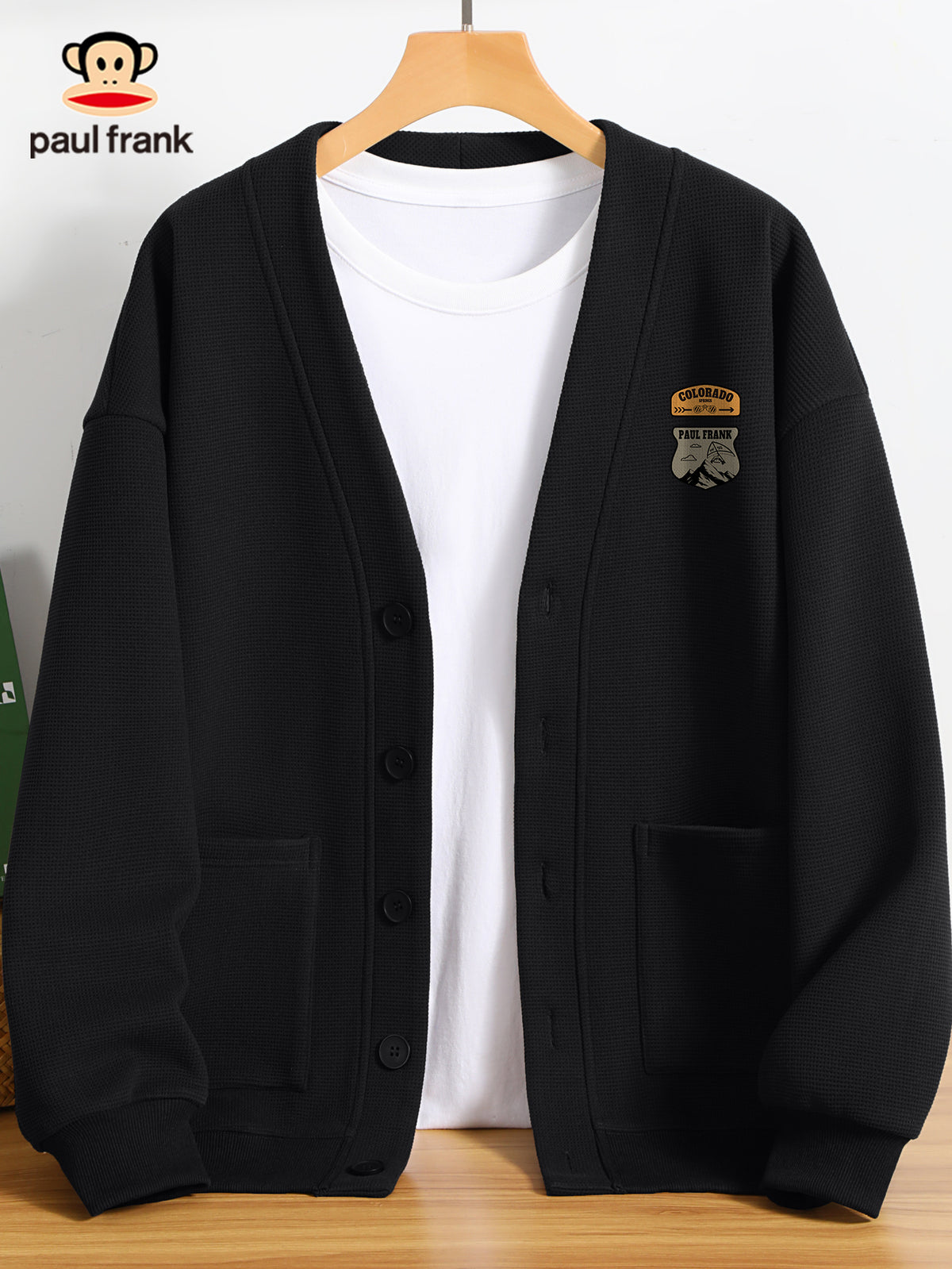 PAUL FRANK Men's Winter Waffle-Knit Jacket with Paul Frank Monkey Face Print - Varsity Iconic Design, Regular Fit Long Sleeve Coat for Parties, Casual Wear & Cold Weather (Machine Washable Outer) - Black