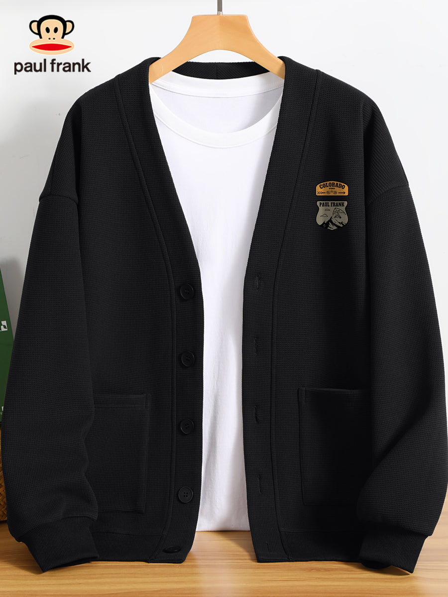 PAUL FRANK Men's Winter Waffle-Knit Jacket with Paul Frank Monkey Face Print - Varsity Iconic Design, Regular Fit Long Sleeve Coat for Parties, Casual Wear & Cold Weather (Machine Washable Outer) - Black