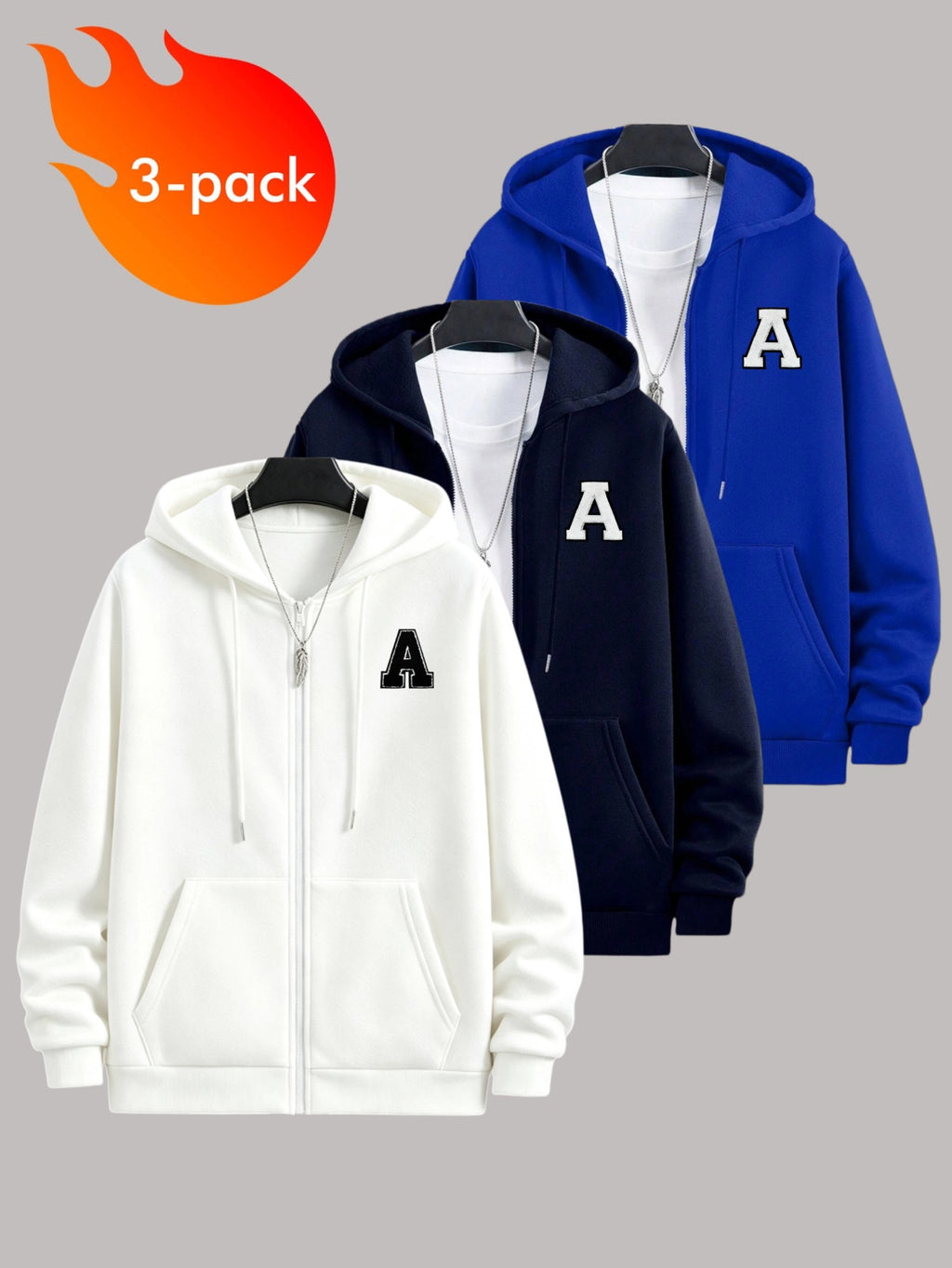 50%, 50% Polyester, 3pcs Men'S Patchwork Warm Fleece Zip-Up Hooded Sweatshirt, Men'S Clothing, Long Sleeve Fleece Jacket, Zip-Up Top, Hooded Sweatshirt, Pockets, Drawstring, Suitable for Outdoor, Casual, Back-To-School Season, Gift for Boyfriend - White+Navy+Blue