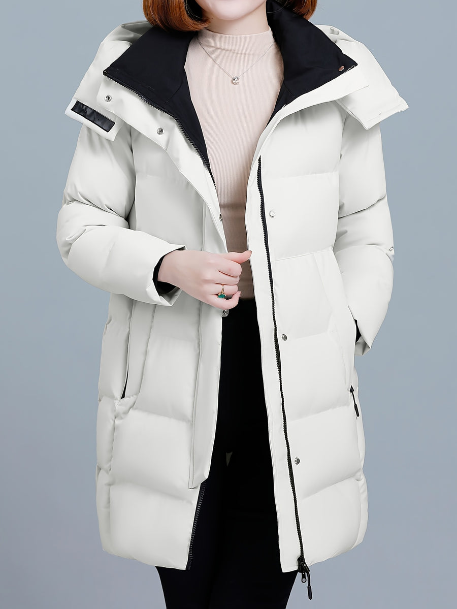Women's Hooded Mid-Length Padded Coat with Black Contrast Lining, Zipper and Snap Button Double Front Placket, Plus Size Loose Fit, Checkered Overlock Stitching with Anti-Slip Padding, Drawstring Adjustable Hem, Zippered Side Pockets - White