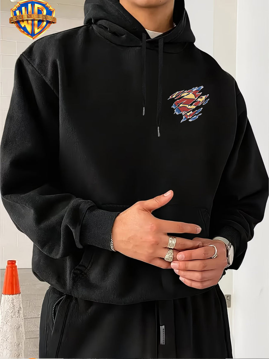 Warner Bros. DC Superhero Group Pose Multi-Character Collaboration Hot-Blooded Comic Style Cool Print Men's Fashion Hooded Sweatshirt, Sleeve Print Design, Kangaroo Pocket, Drawstring Hood, Suitable for Daily Wear and Outdoor Sports, an Excellent - Black
