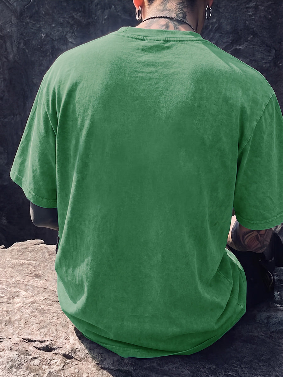 Men's Short-Sleeve T-Shirt, Pure Cotton Loose Fit Washed Distressed Top, Small Phoenix Compass Print, Trendy Print, 12 Colors for Mix and Match, American Street Style High Street Hip-Hop Couple's Outfit for Daily Streetwear, Commuting - Green
