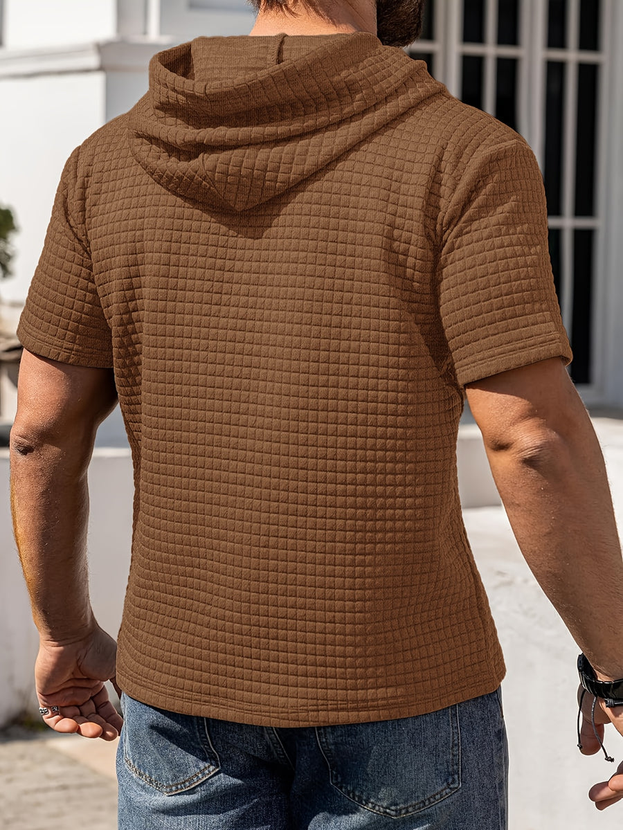 Men's Casual Summer New Arrival Short-Sleeve Versatile Fashionable Sporty Comfortable Trendy Loose Waffle Knit Hooded T-Shirt - Coffee Color