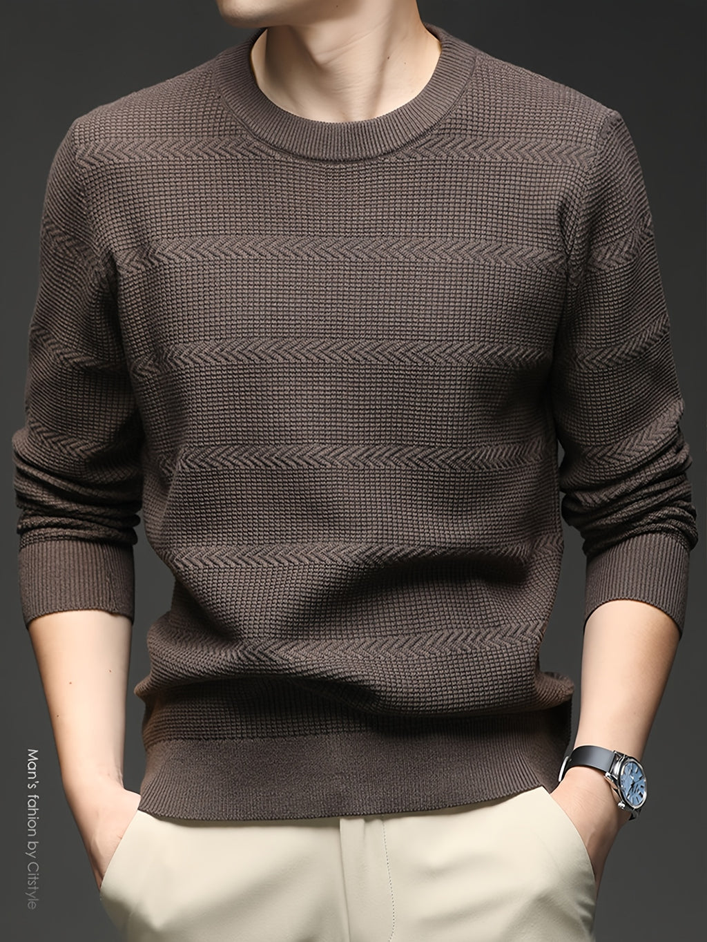 Men'S Round Neck Arrow Jacquard Knit Sweater, Non-Tight Fit, Suitable for Daily Commute And Casual Wear. Layering with Shirt Or Single Wear - SINBOS - Coffee Color