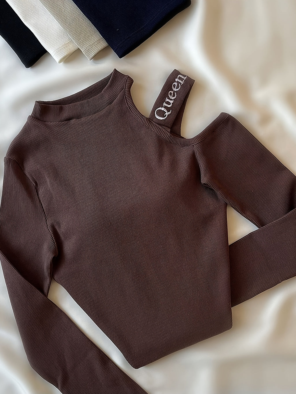 Women'S Spring Autumn High Neck Off-Shoulder Top with Embroidered Letters on Shoulder Straps, Fitted Short Blouse T-Shirt - Dark Brown