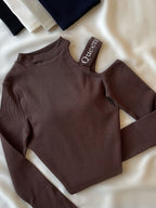 Women'S Spring Autumn High Neck Off-Shoulder Top with Embroidered Letters on Shoulder Straps, Fitted Short Blouse T-Shirt - Dark Brown