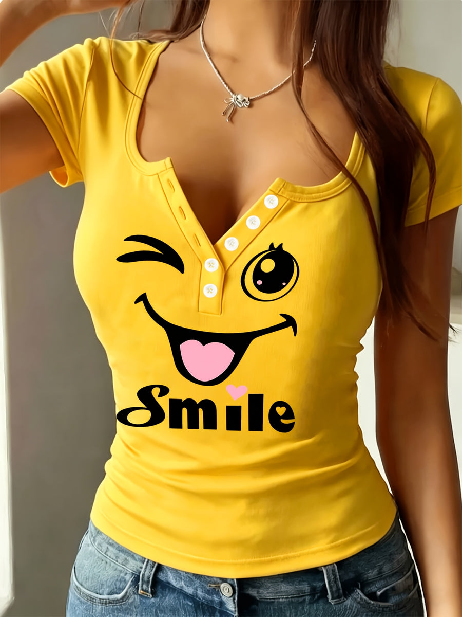 Artistic Smiling Face Pattern, Women'S Hot Outfit with Sexy Design And Buttons, Non-V-Neck Women'S T-Shirt, Suitable for All Four Seasons, Revealing Y20K/Casual/Sports/Commuting/Fashionable/Elegant, Comfortable And Breathable Gift - Lemon Yellow