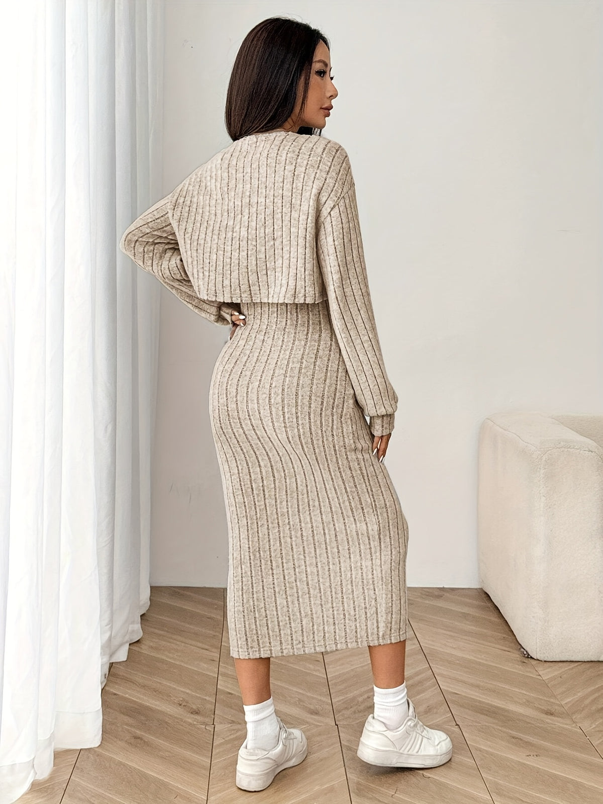 Two-Piece Set: Women'S Ribbed Drop Shoulder Button Jacket with Slim-Fit Knee-Length Dress, New Autumn Product - Khaki