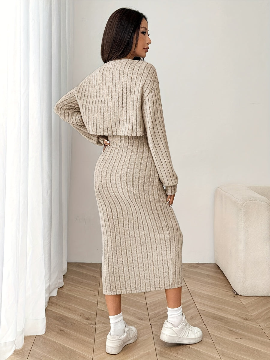 Two-Piece Set: Women'S Ribbed Drop Shoulder Button Jacket with Slim-Fit Knee-Length Dress, New Autumn Product - Khaki
