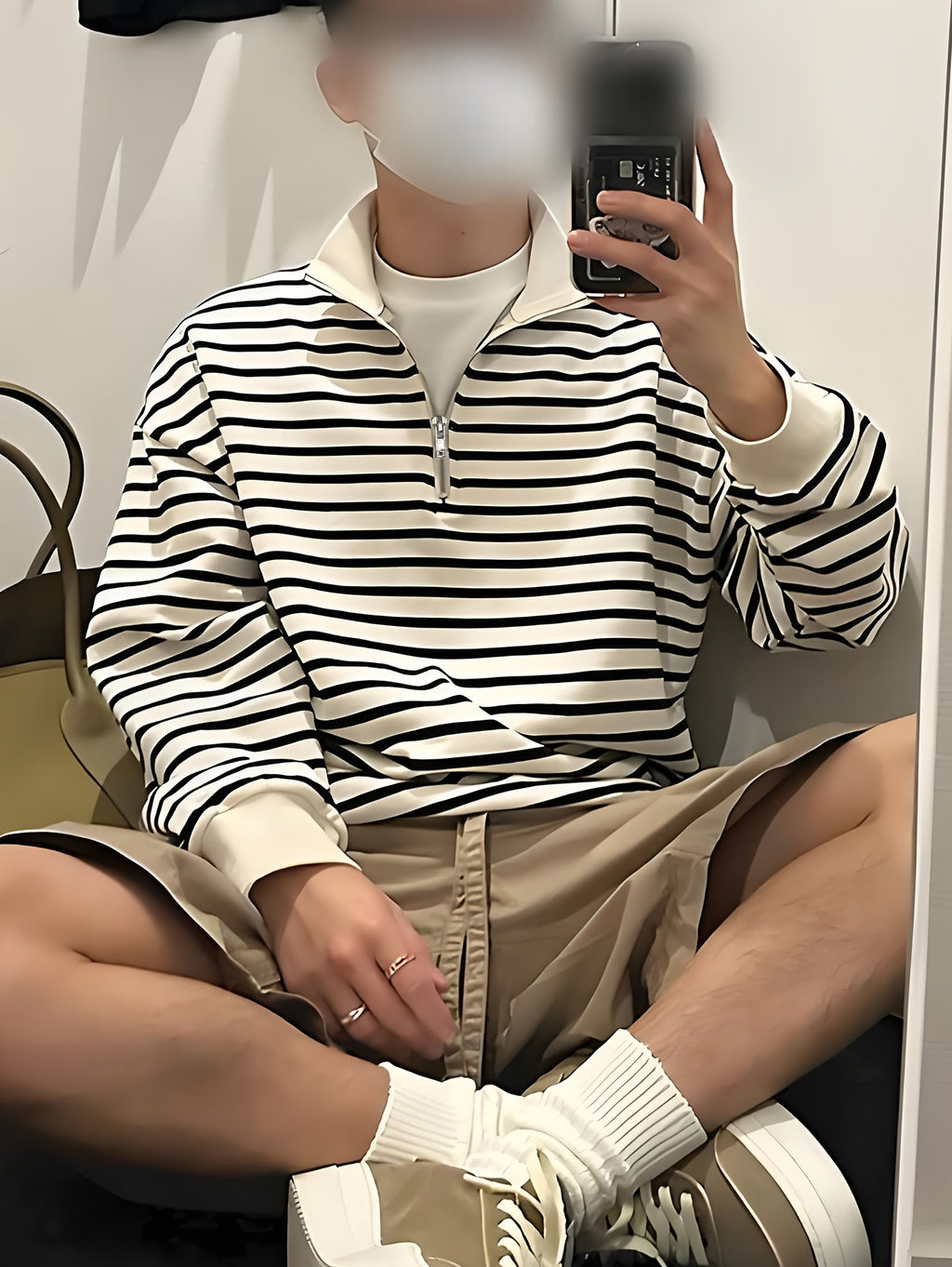 Men's Sweatshirt, Spring/Autumn Style, Japanese-Inspired Minimalist Design with Zipper and Stripes, Trendy Men's Brand, Versatile for Couples, Casual Long-Sleeve T-Shirt Top, In Stock - White