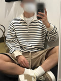 Men's Sweatshirt, Spring/Autumn Style, Japanese-Inspired Minimalist Design with Zipper and Stripes, Trendy Men's Brand, Versatile for Couples, Casual Long-Sleeve T-Shirt Top, In Stock - White