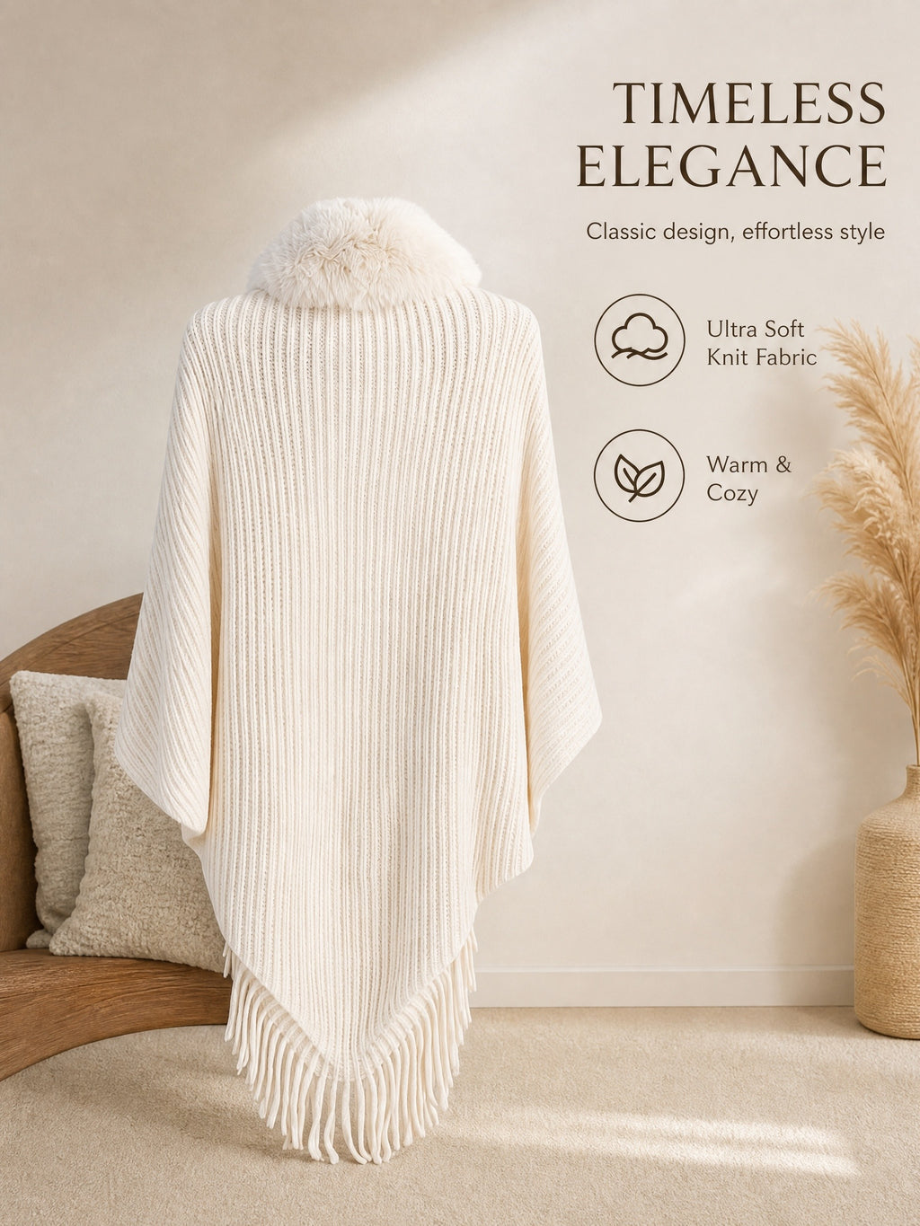 Women's Loose-fitting, Batwing-sleeve, Cape-style Cardigan; a Reversible Wrap with a Shawl Collar-a Stylish Piece for Casual Attire and a Great Gift for Autumn and Winter. - Beige