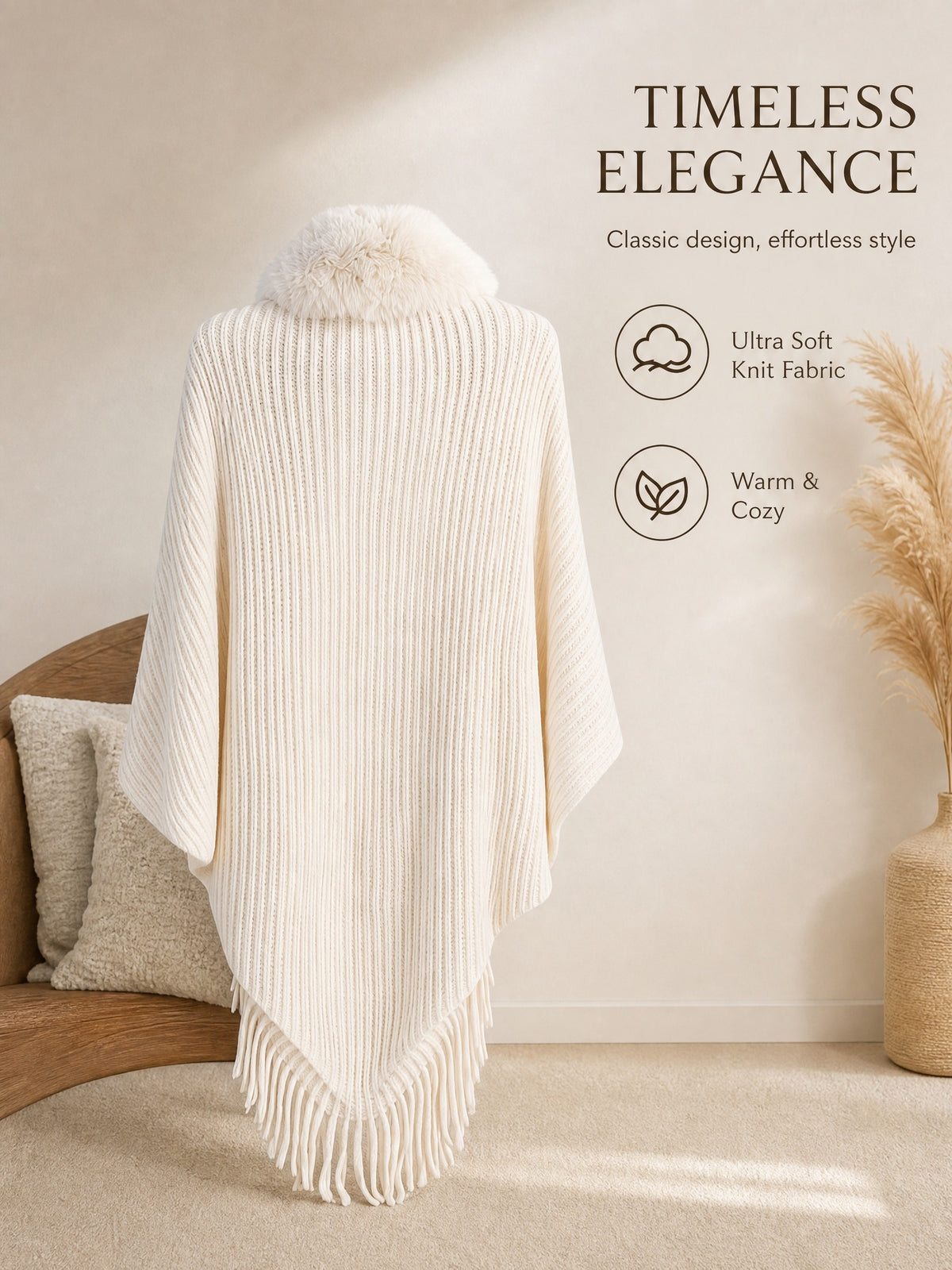Women's Loose-fitting, Batwing-sleeve, Cape-style Cardigan; a Reversible Wrap with a Shawl Collar-a Stylish Piece for Casual Attire and a Great Gift for Autumn and Winter. - Beige