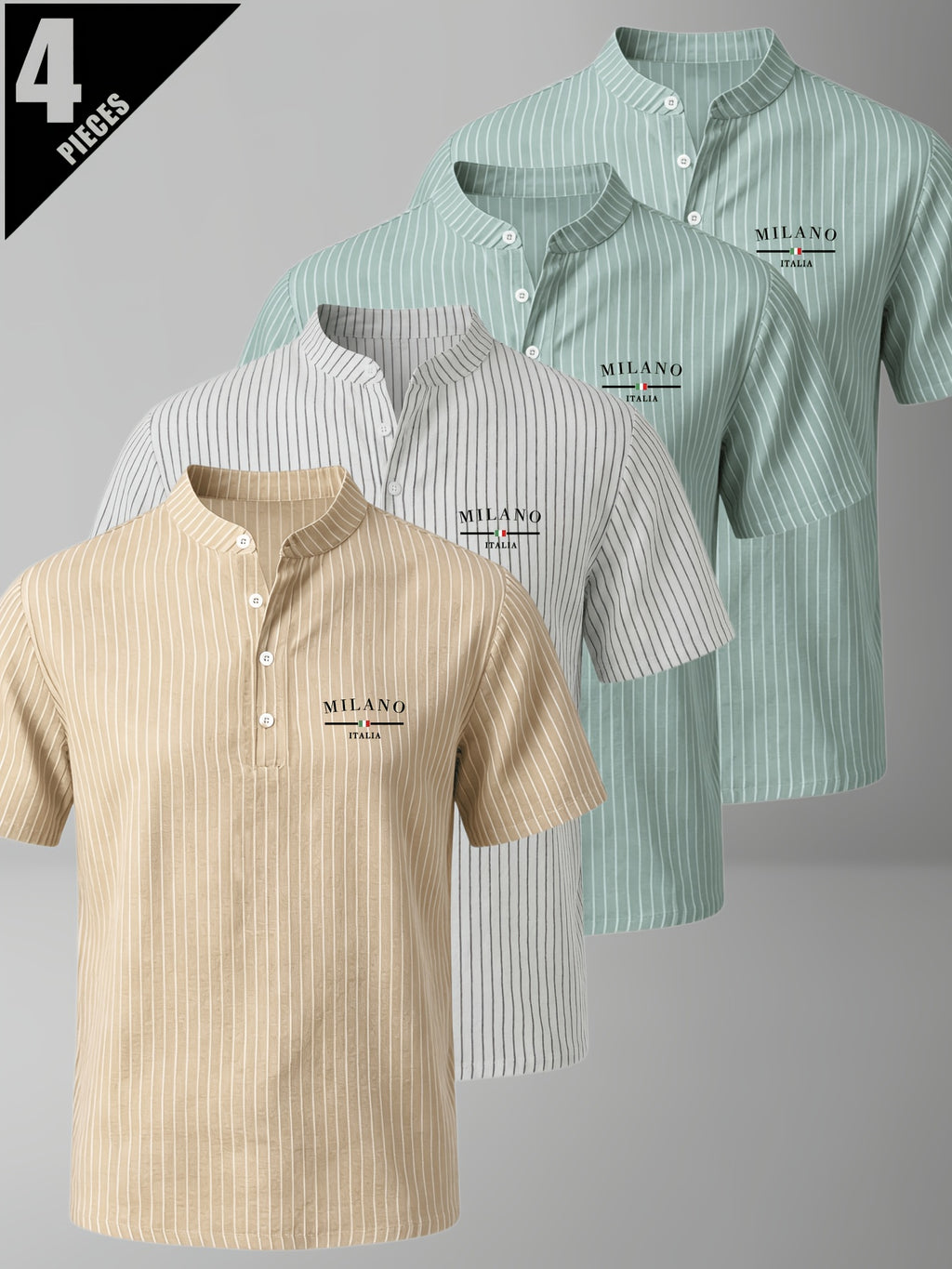 4pcs Men'S Summer Striped Linen Blend Henley Shirts, Milan Print Stand Collar Breathable Short Sleeve, Office Casual Versatile Top - Color Mixing 9