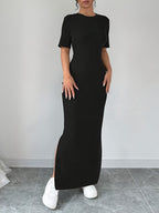 A Tailored, Solid Black Dress for Women, Featuring a Slit Design, Suitable for Everyday Wear in Spring And Summer - Black