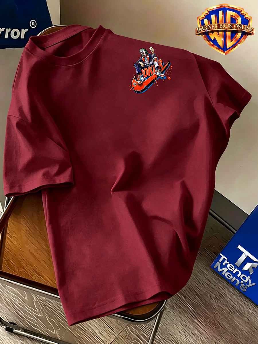 Warner Bros. Authentic Men's 100% Short-Sleeve T-Shirt, Trendy Hip-Hop Character Top, Featuring a Dominant Seated Figure Holding Playing Card Accessories, Adorned with Red-Orange Color-Block Dripping Enamel Paint Patterns, Exceptional Visual Impact - Burgundy