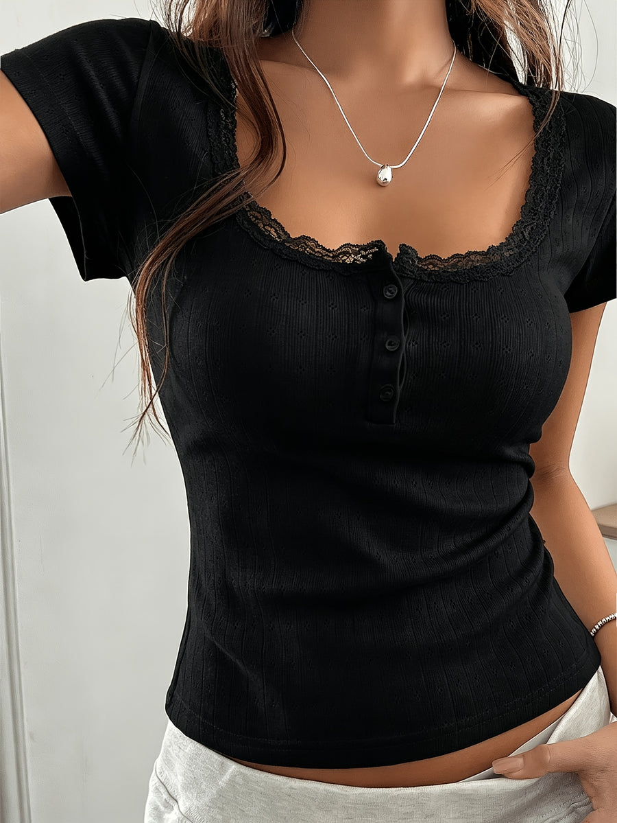 Spring Summer Women'S Sweet Lace Trim Short Sleeve Slim Casual T-Shirt Top - Black