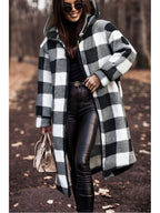Winter Women's Hooded Cardigan, Two-Tone Plaid, Mid-Length, Thickened Warm Pea Coat - Mixed colors