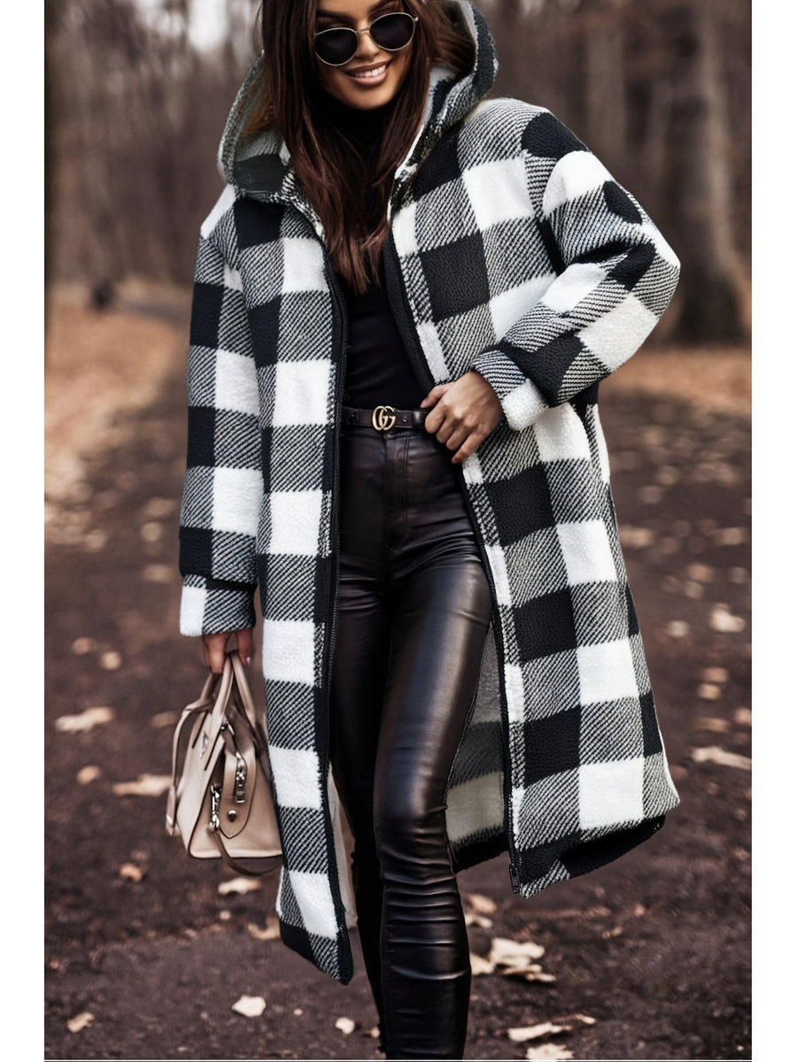 Winter Women's Hooded Cardigan, Two-Tone Plaid, Mid-Length, Thickened Warm Pea Coat - Mixed colors