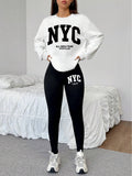 1014Gwen, 1 Set of Casual Women's Sweatshirt Set, 2pcs, Letter Print, Round Neck Long Sleeve Sweatshirt, Long Leggings, Can Be Worn Alone or as a Layering Piece, Suitable for Autumn and Winter, Women's Clothing - White+black