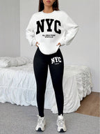 1014Gwen, 1 Set of Casual Women's Sweatshirt Set, 2pcs, Letter Print, Round Neck Long Sleeve Sweatshirt, Long Leggings, Can Be Worn Alone or as a Layering Piece, Suitable for Autumn and Winter, Women's Clothing - White+black