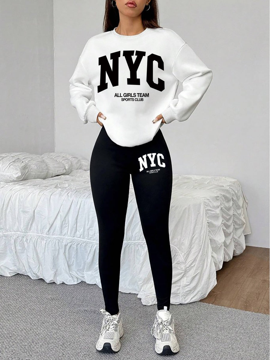 1014Gwen, 1 Set of Casual Women's Sweatshirt Set, 2pcs, Letter Print, Round Neck Long Sleeve Sweatshirt, Long Leggings, Can Be Worn Alone or as a Layering Piece, Suitable for Autumn and Winter, Women's Clothing - White+black