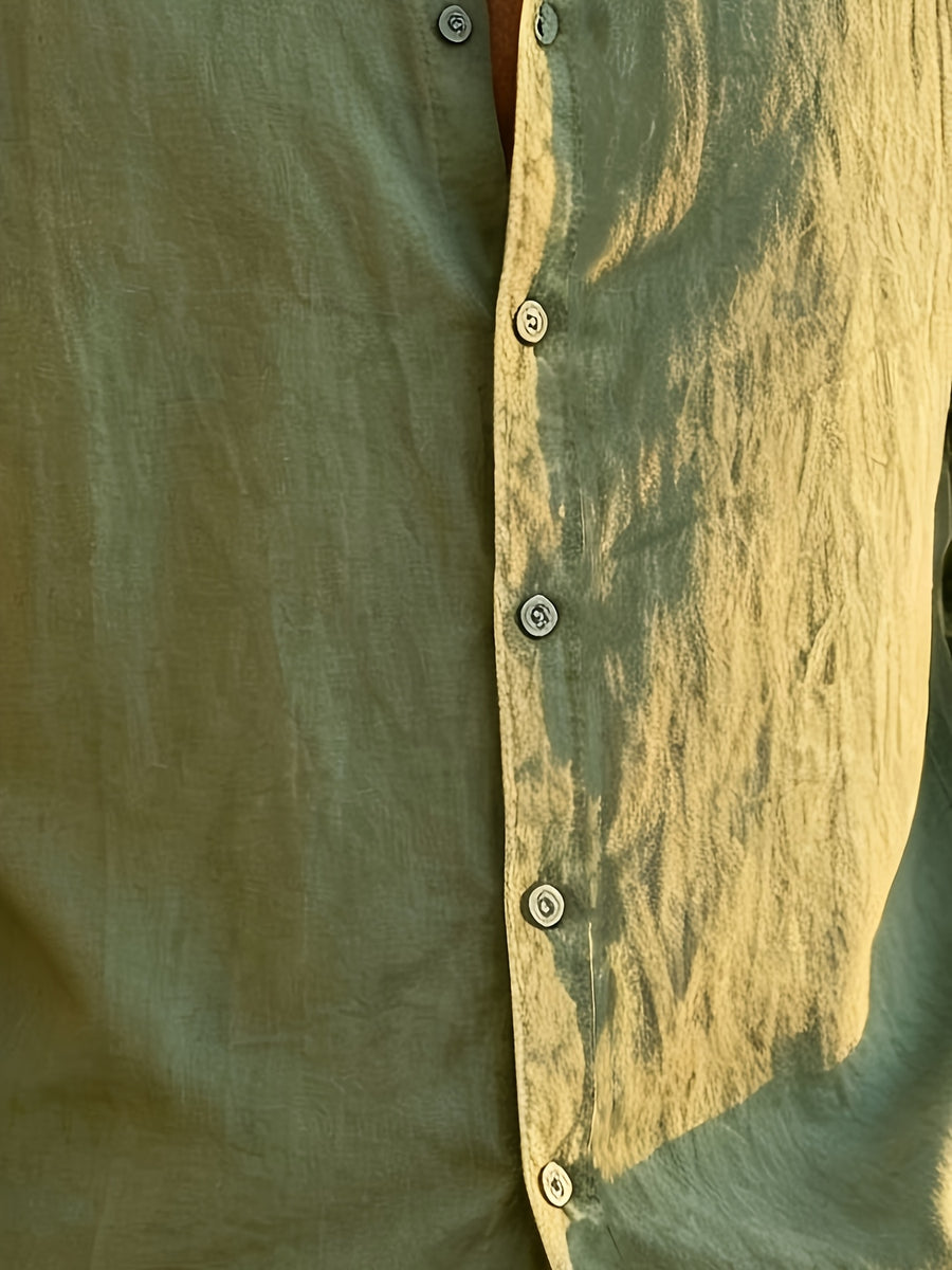 Vacation Style Men'S Summer Long Sleeve Shirt, Classic Lapel Single-Breasted Design, Multiple Basic Solid Colors Available, Suitable for Daily Commute And Beach Travel (Shirt) - fern green