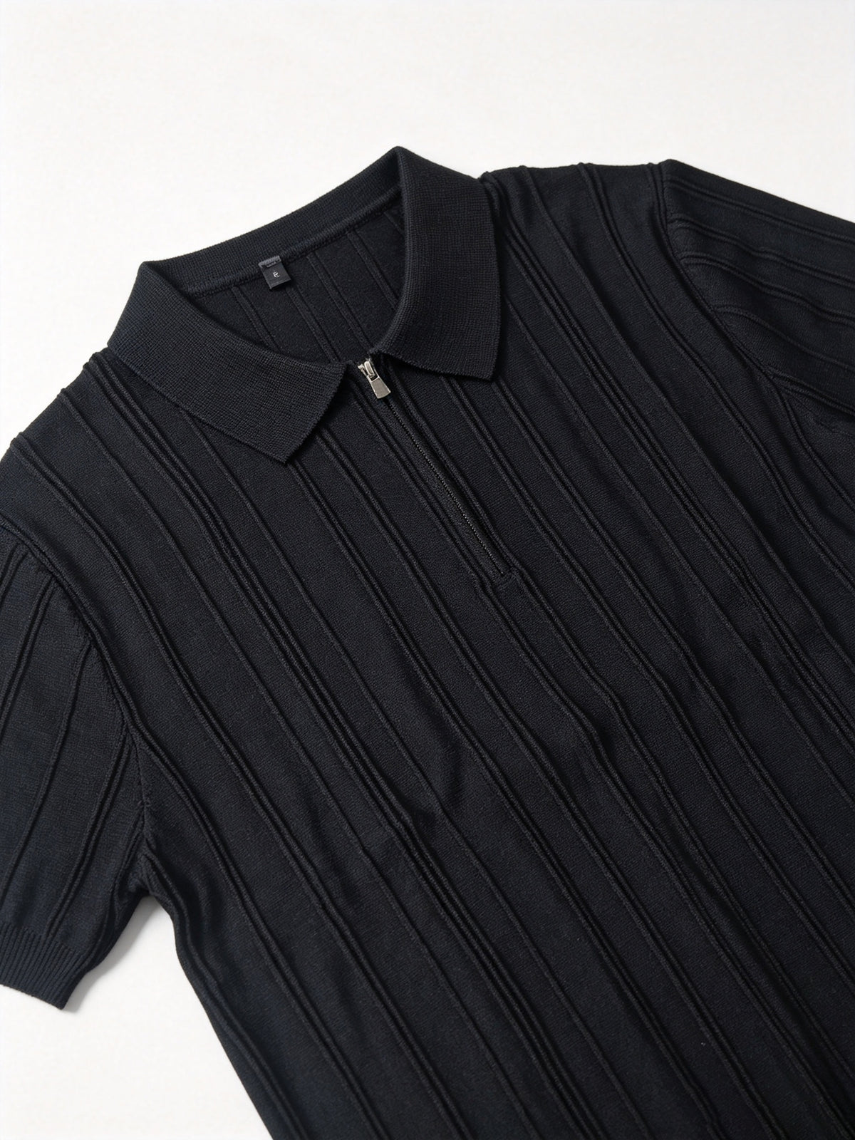 Elegant Half Zip Vertical Rib Knit Polo Shirt for Men, Lightweight Cool Collared Short Sleeve Top, Stretch Versatile Casual Blouse for Daily Multi-scene Outfits - Black