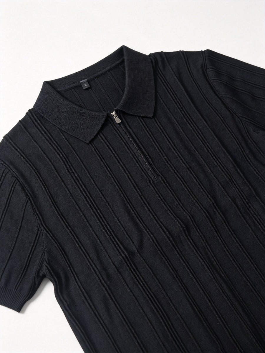 Elegant Half Zip Vertical Rib Knit Polo Shirt for Men, Lightweight Cool Collared Short Sleeve Top, Stretch Versatile Casual Blouse for Daily Multi-scene Outfits - Black