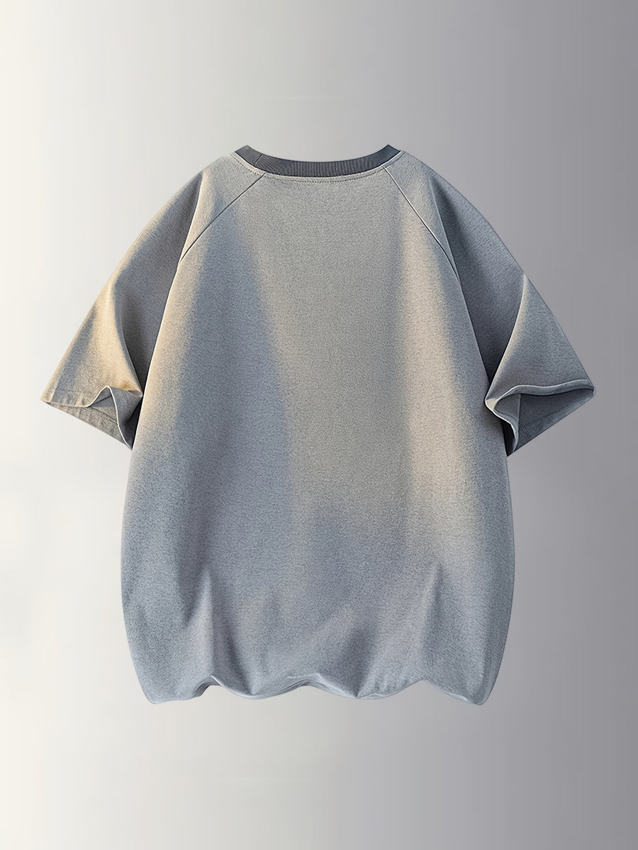 2-in-1 Look Color Block Raglan Sleeve T-Shirt for Men, Summer Crew Neck Short Sleeve T-Shirt, Boys' Summer V-Neck Casual Loose Fit Sport T-Shirt, Men's Top - Elegant Gray