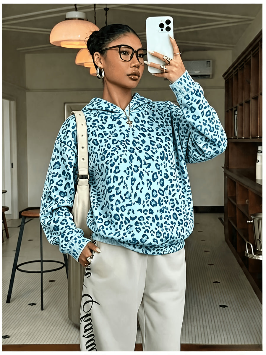 Women's Fashion Leopard Print Hoodie Sweatshirt - Cyan