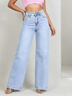 Women'S Fashion High-End High-Waist Light Blue Snowflake Straight Wide-Leg Jeans, Soft Stretch Loose Casual Commute Denim Trousers - Snowflake Blue