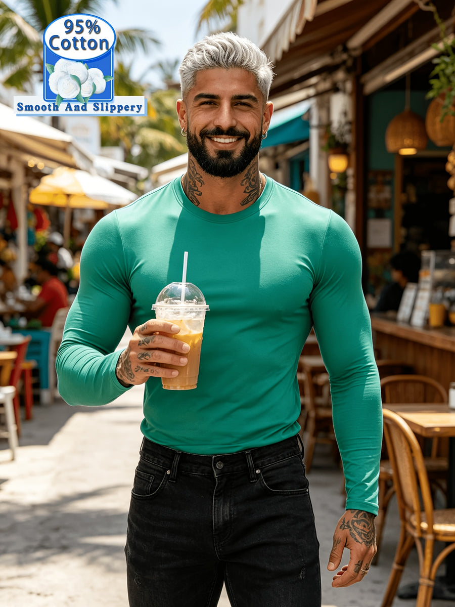 New Spring/Summer Men's Top, Fashionable Sporty Cotton Crew Neck Long Sleeve, Casual and Comfortable, Lightweight Summer Outerwear, Trendy Style - Green