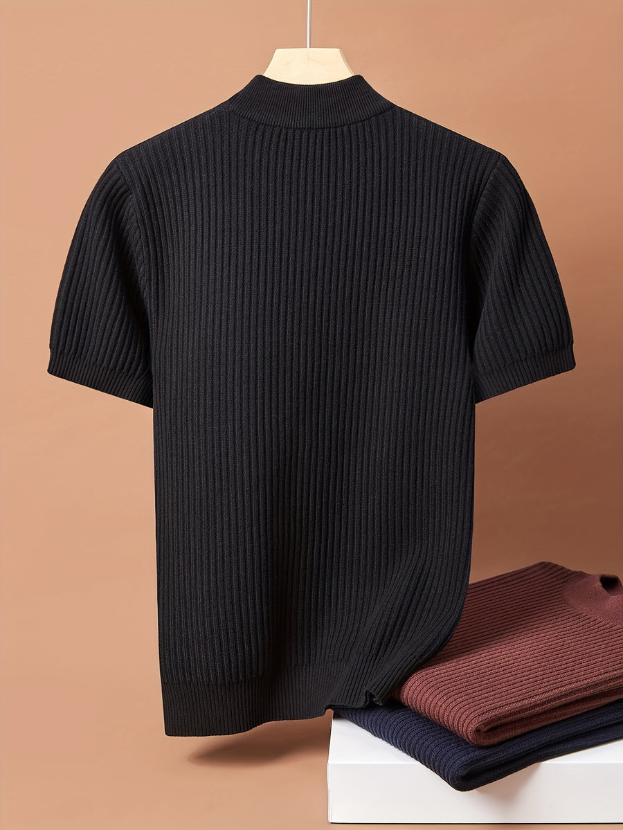 Men Mock Neck Short Sleeve Knit Sweater, Thick Warm Knit Top for Spring Autumn Winter, Wearable Alone Or As Undershirt. Soft Premium Skin-Touch Fabric, Fine Vertical Rib Design to Slim Your Figure for Fashionable Handsome Styling - Black
