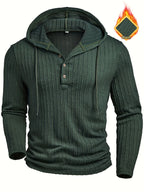 Men's Fashion Casual Textured Solid Color Long Sleeve Hooded Drawstring Button Henley Shirt for Autumn and Winter, New Season - Dark Green