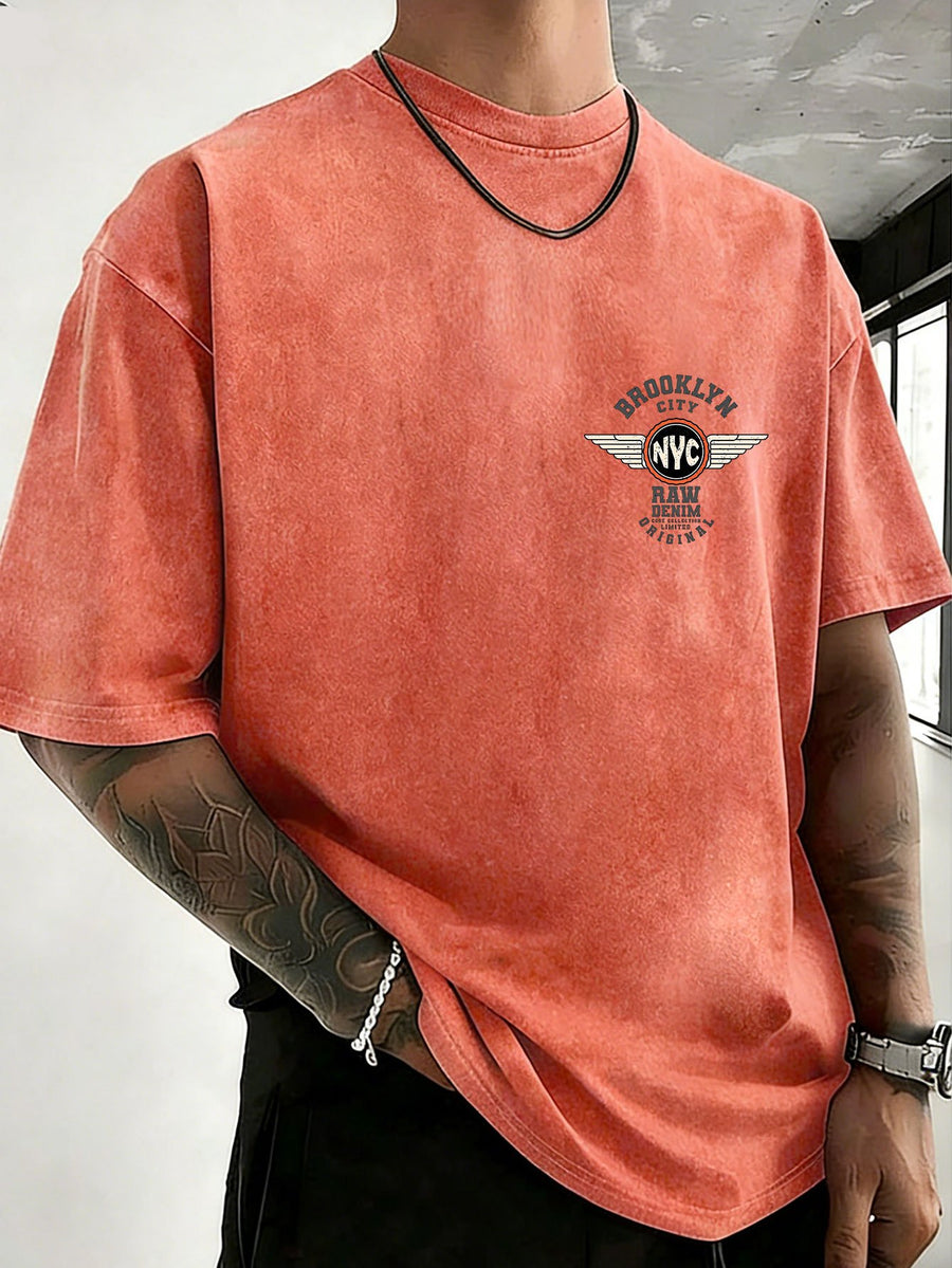 Unisex Washed Distressed Pure Cotton T-Shirt with Positioned Double-Sided Print, Loose Fit, Crew Neck, Short Sleeves, Trendy Casual Style, Available in 12 Colors - Orange