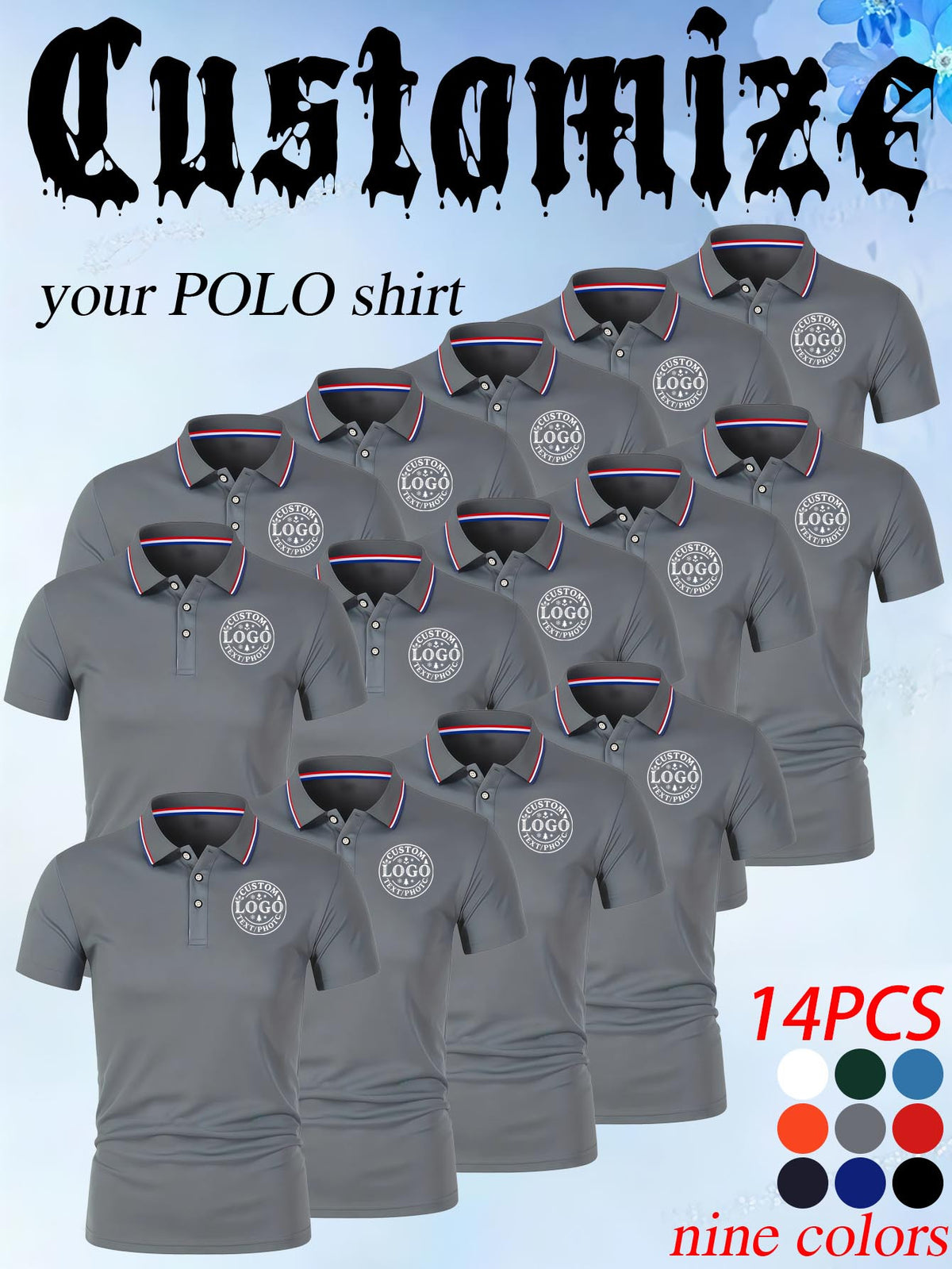 14pcs Classic Solid Color Men'S Polo Shirts, Breathable Lapel High Quality Shirts Casual Fashion Sport - Grey
