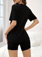 Brand New Summer Collection Featuring Solid Color Ribbed Shorts And Round-Neck Short-Sleeve T-Shirts - Black
