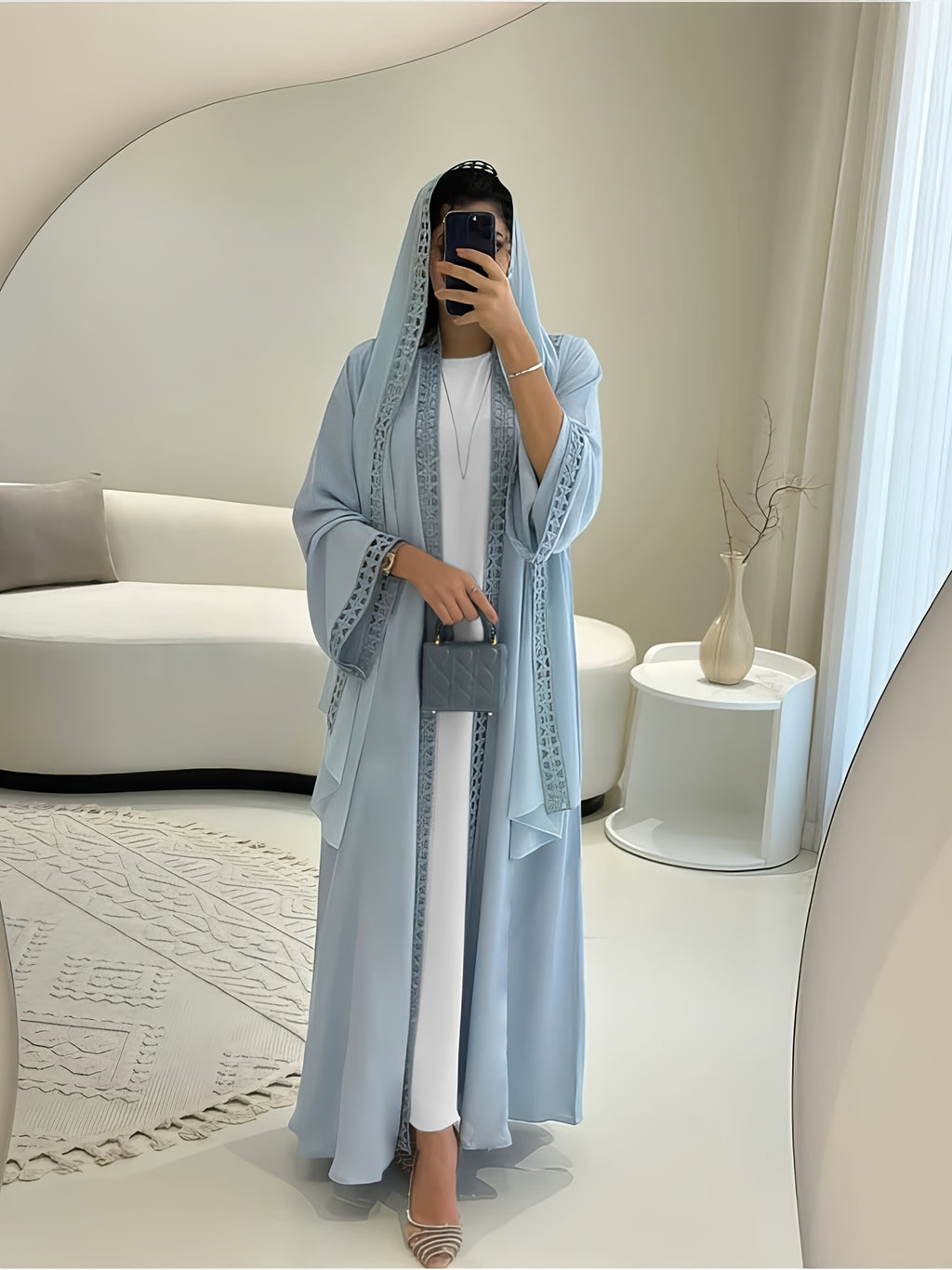 Open Abaya Set with Lace Trim And Chiffon Headscarf - Lightweight, Modest, And Breathable for Spring/Summer - Sky Blue