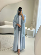 Open Abaya Set with Lace Trim And Chiffon Headscarf - Lightweight, Modest, And Breathable for Spring/Summer - Sky Blue