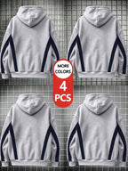 4pcs 2026 Autumn/Winter Men's Streetwear Casual Pullover Hoodie with Contrast Color Lines, Diagonal Cut, Long Sleeves, Skin-Friendly, Warm, Drawstring, Large Pocket Sweatshirt - Gray+grey+grey+grey