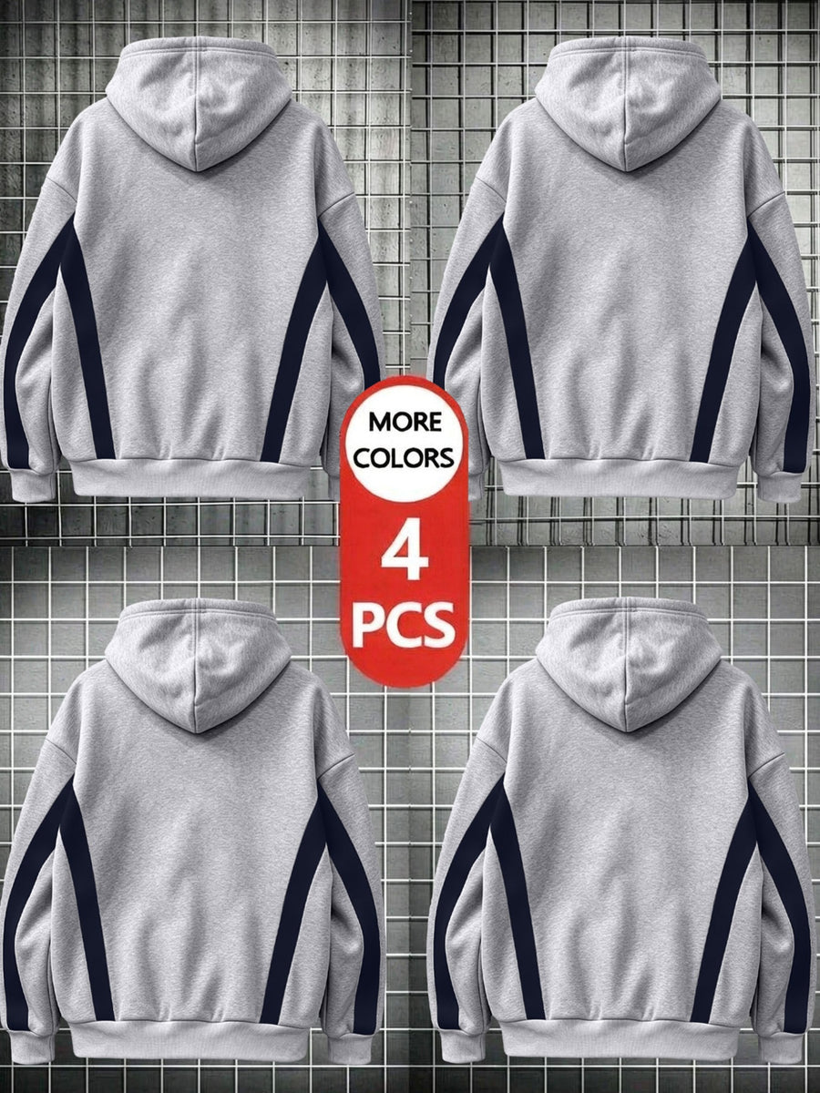 4pcs 2026 Autumn/Winter Men's Streetwear Casual Pullover Hoodie with Contrast Color Lines, Diagonal Cut, Long Sleeves, Skin-Friendly, Warm, Drawstring, Large Pocket Sweatshirt - Gray+grey+grey+grey