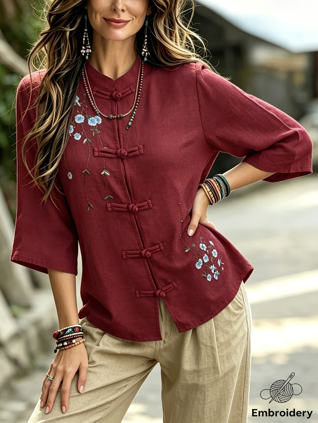 INS Chinese Style Shirt - Women'S Mid-Length Cheongsam Cardigan, Retro Button-Front And Embroidered Stand Collar, Suitable for Daily, Office, And Semi-Formal Wear, Machine Washable, All-Season Casual Top A281 - Red