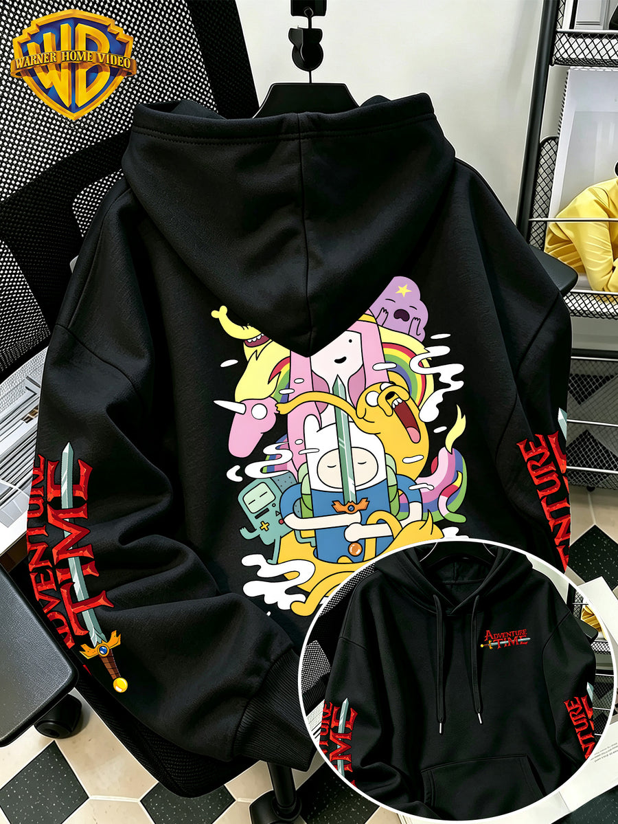 [Warner Bros] Licensed Men'S New Trendy Hoodie, Adventure Cartoon All- Battle Pattern Print, Casual Pullover Sweatshirt, Everyday Drawstring Loose Top, Machine Washable Versatile Sport Casual Men'S Top - Black