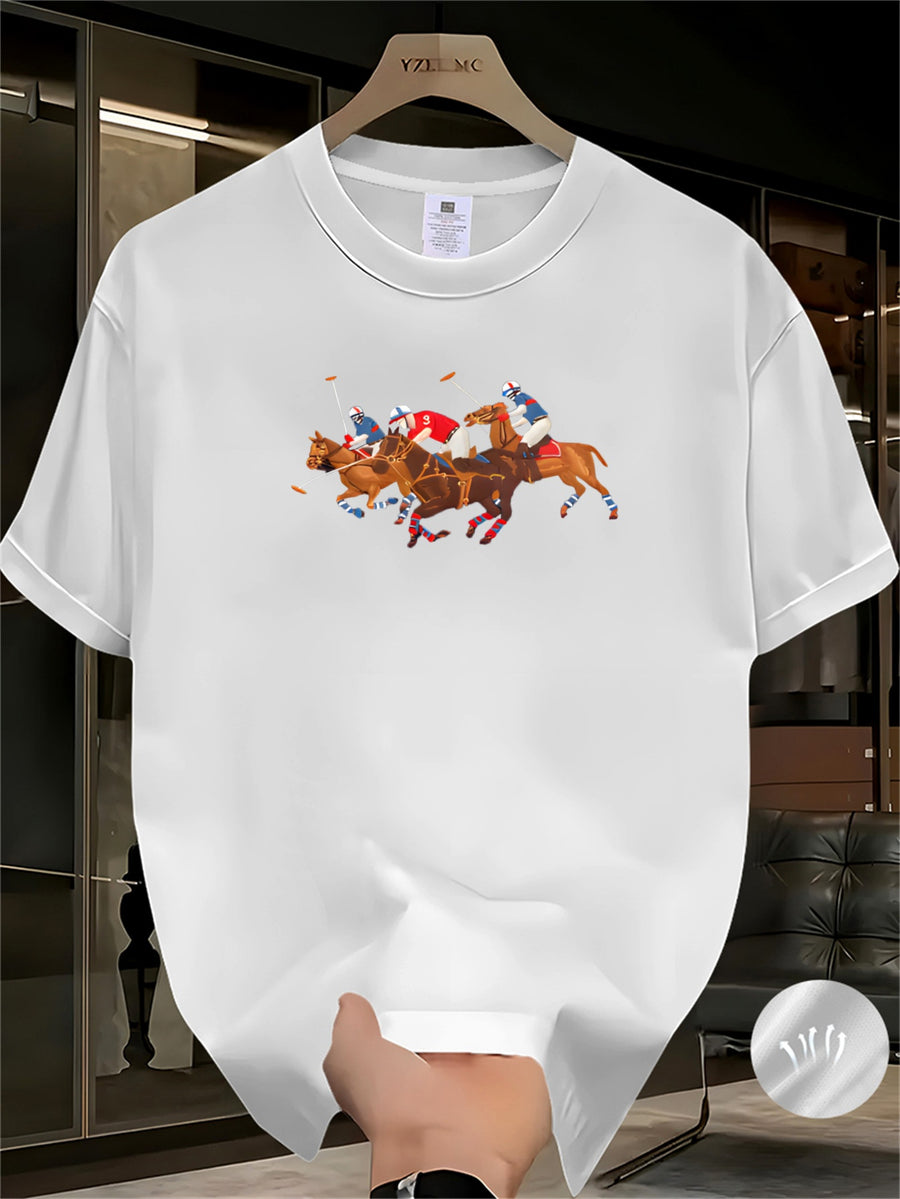 Polo Riding Multi-Person Equestrian Event Pattern Men'S T-Shirt, Outdoor Casual Sports Outing Trendy Loose Short Sleeve - White