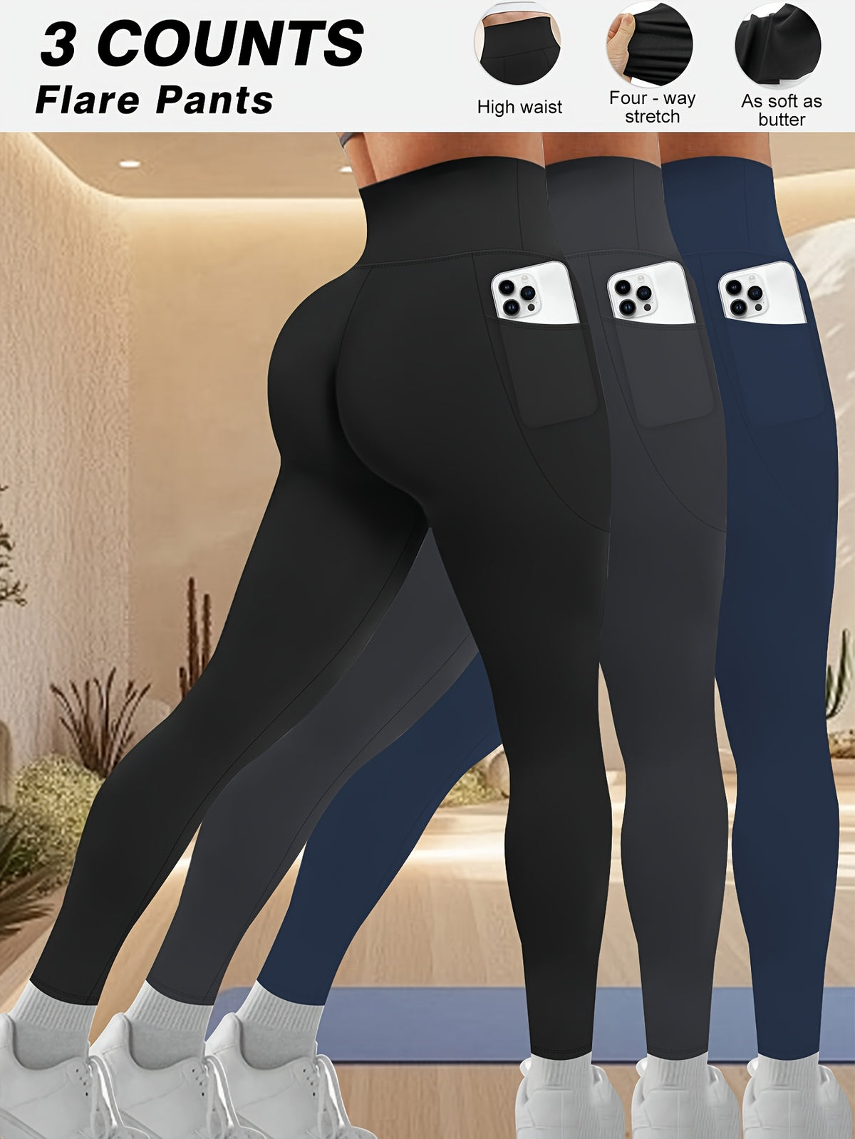 Plus Size - Plus Size - Set of 3 Plus-Size High-Waisted Tight Leggings for Women, Suitable for Outdoor And Workouts. The Fabric Is Highly Elastic, Providing Tummy Control And a Effect. Features Side Pockets for Phone Storage - 1 Black 1 Dark Gray 1 Navy Blue