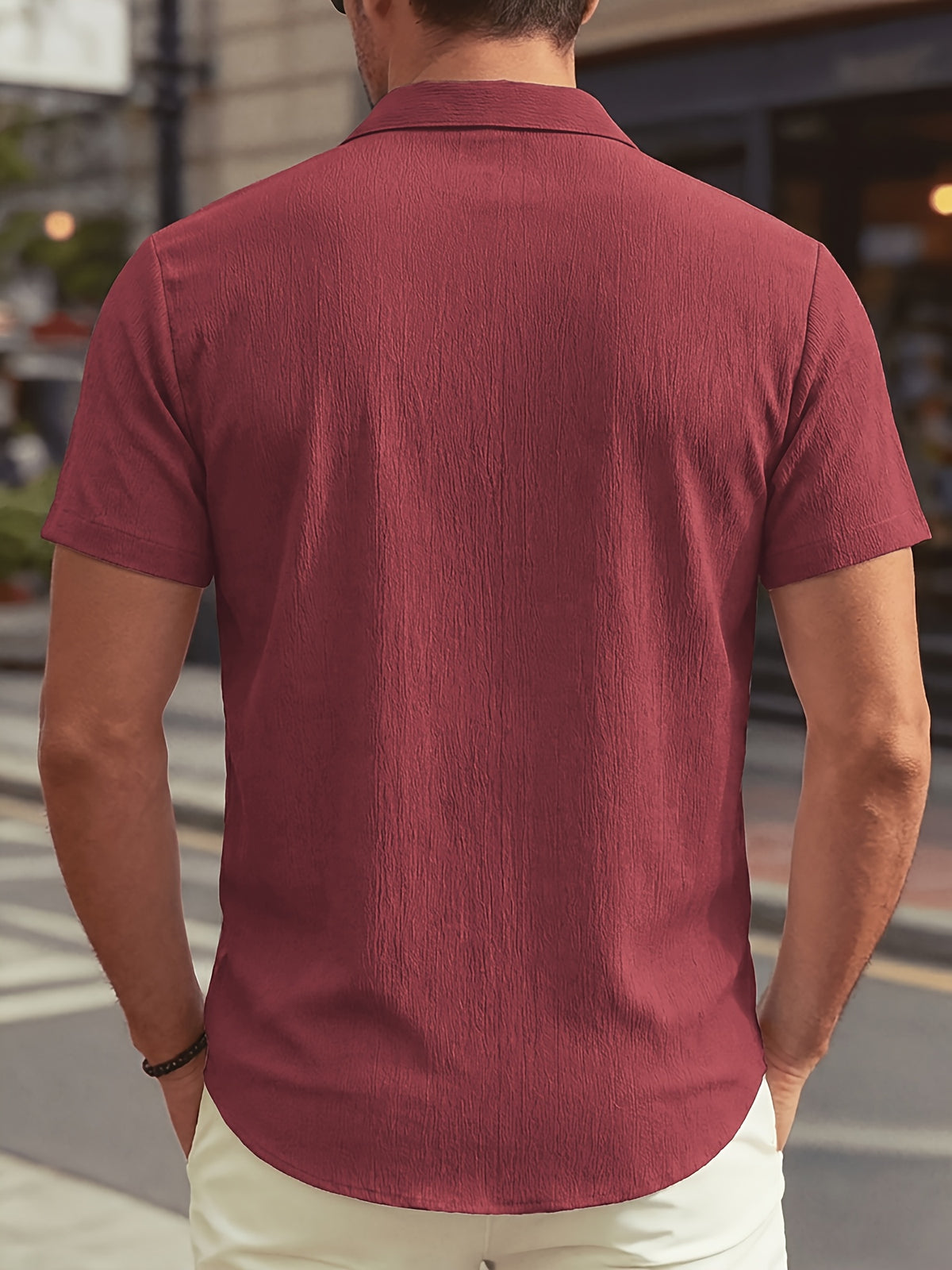 New Summer Men's Thin Stand Collar Casual Shirt, Solid Color Short Sleeve Business Fashion Button-Up Shirt for Muscular Men, Stylish Short Sleeve Design Suitable for Casual and Office Wear - Rust Red