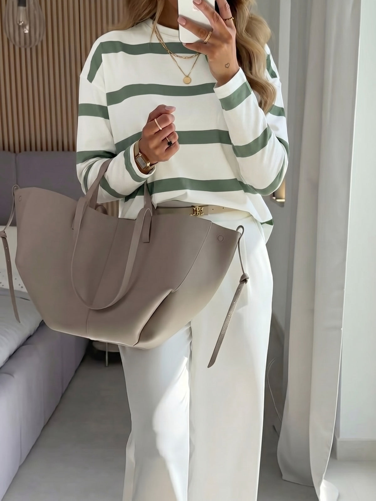 Women'S Green And White Striped Round Neck Loose Casual Basic Long Sleeve Top, Suitable for Daily Home Wear - Military Green