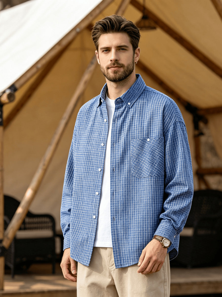 Men's Casual Long-Sleeve Shirt, Lightweight Spring/Autumn Fashion Lapel Shirt for Outdoor Daily Outings, Wrinkle-Free Men's Top - Blue