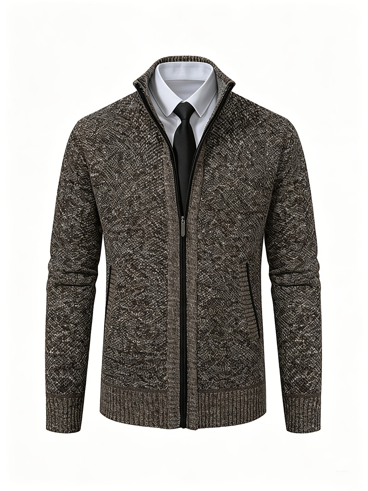 Men's Stand Collar Zip Up Knitted Cardigan Jacket, Casual Business Long Sleeve Sweater Coat with Pockets, Fall Winter Thick Warm Knit Outerwear for Men - Khaki